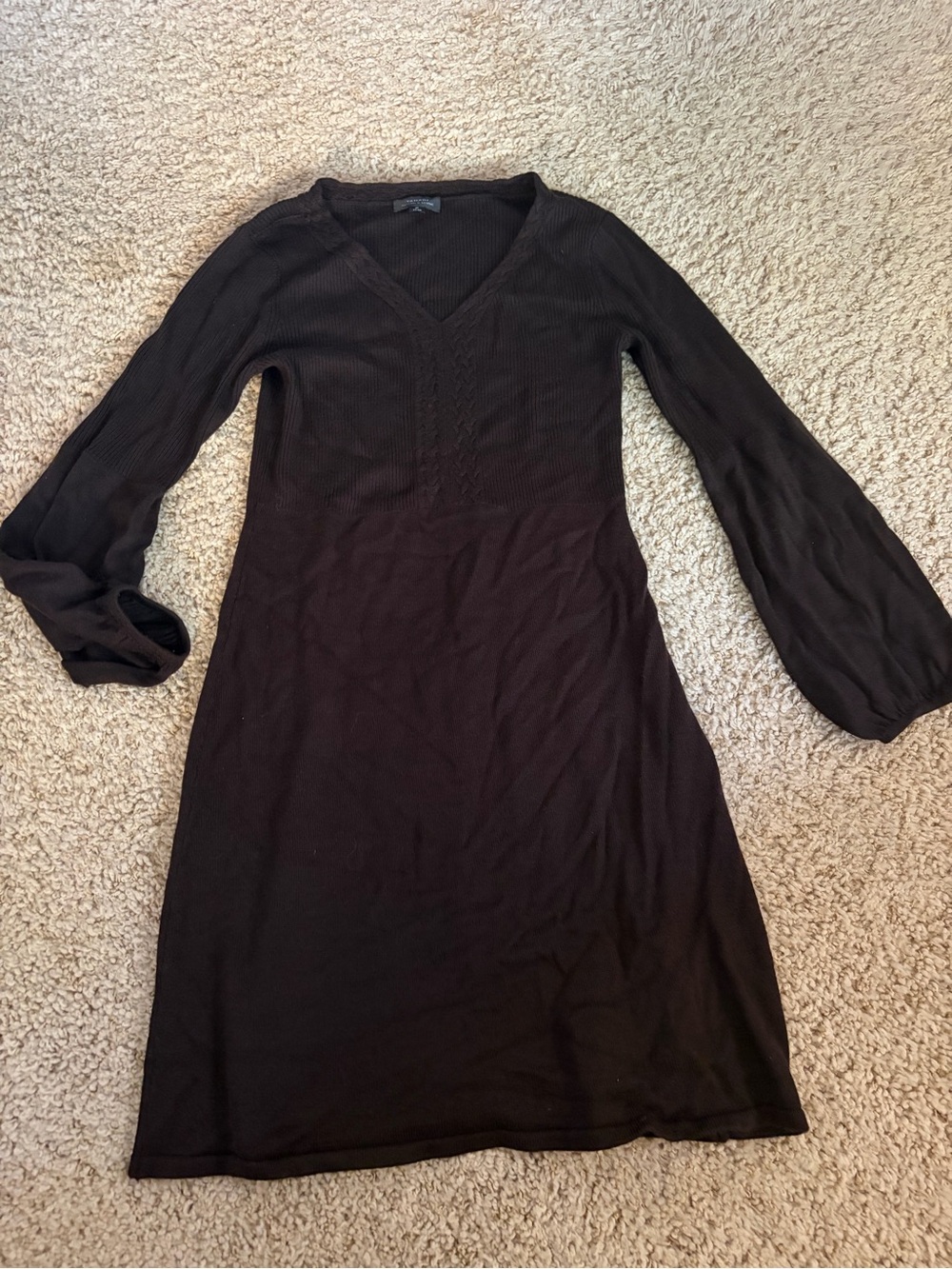 Tahari Dark Brown V-Neck Midi Dress with Balloon Sleeves